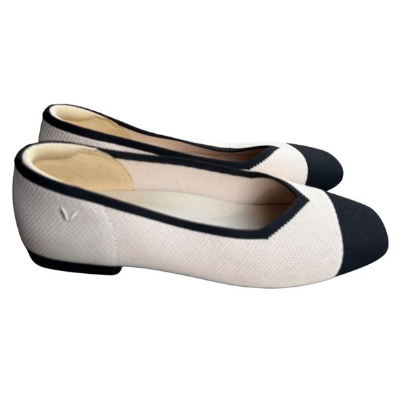 Vivaia Shoes Womens 37 US 6.5 Beige/Black Square-Toe V-Cut Slip On Flats Margot - Picture 1 of 8